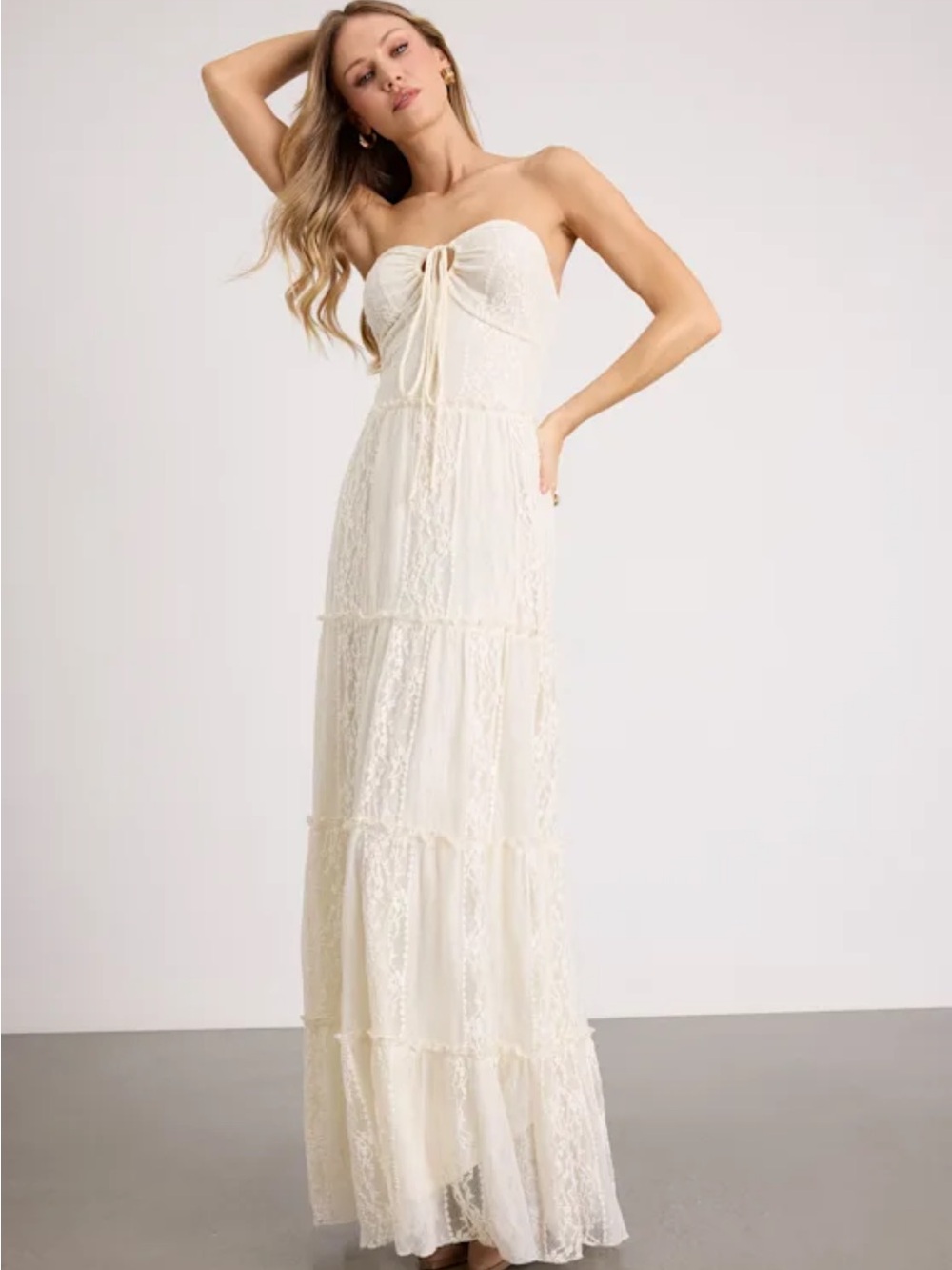 Lulu's Cream Strapless Lace Tiered Maxi Dress